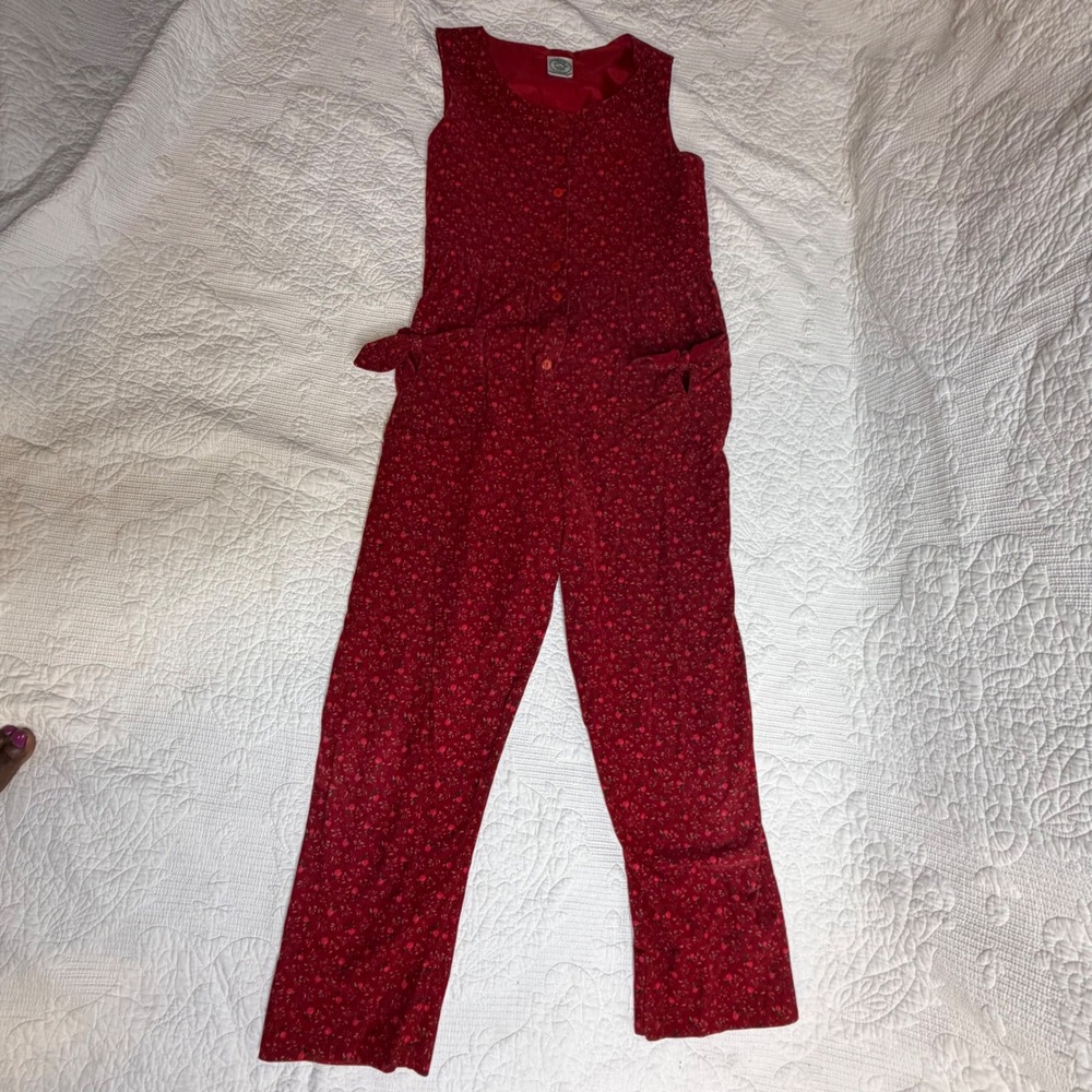 Vintage Laura Ashley Red Floral Corduroy Jumpsuit Sleeveless Button Front Medium